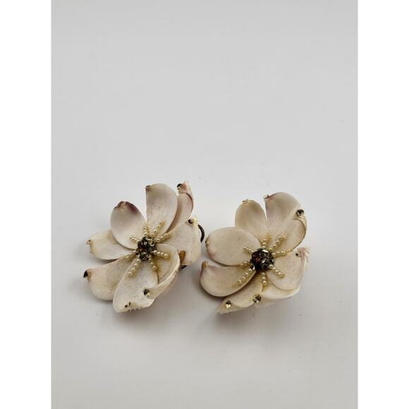 Vintage Shell Flower Clip On Earrings Rhinestone Pearl Accents - Picture 2 of 5